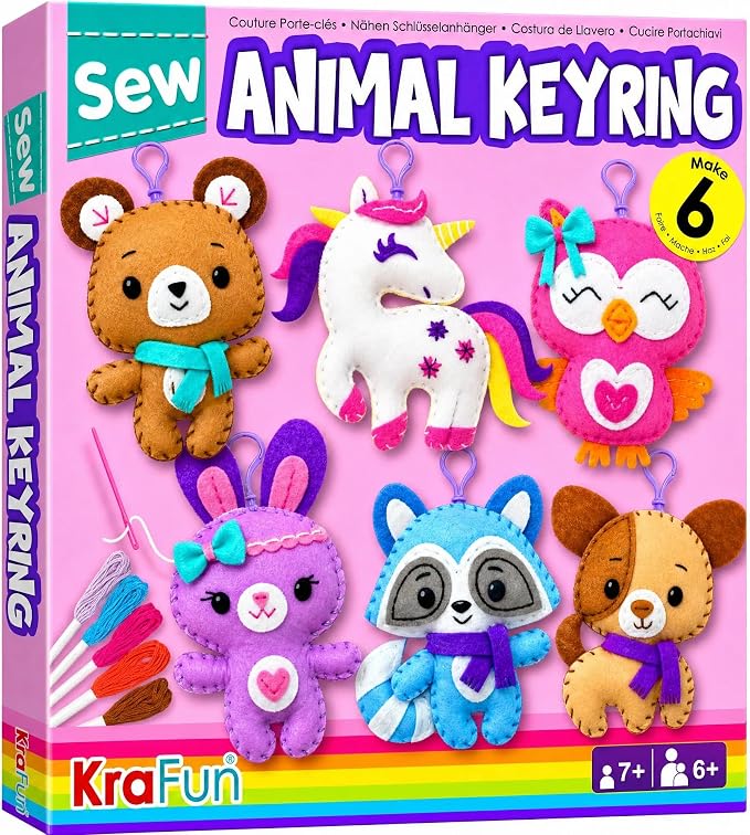 KRAFUN Unicorn Animal Sewing Keyring Kit for Kids Ages 7-12 | 6 Dolls | Make 6 stuffed animal keyrings: Bear, Dog, Rabbit, Raccoon & Owl. Instructions & felt materials included