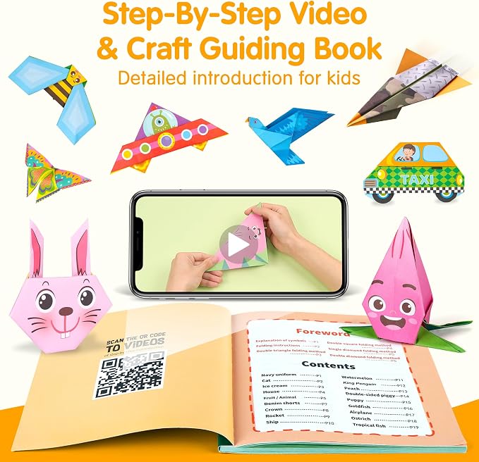 Mocoosy 224 Sheets Origami Paper Kit for Kids Ages 5-8 8-12, Folding Paper Set with Origami Book for Beginners, Art Craft Supplies for Boys Girls 9-12, Travel Game Car Road Trip Activities Toy Gifts