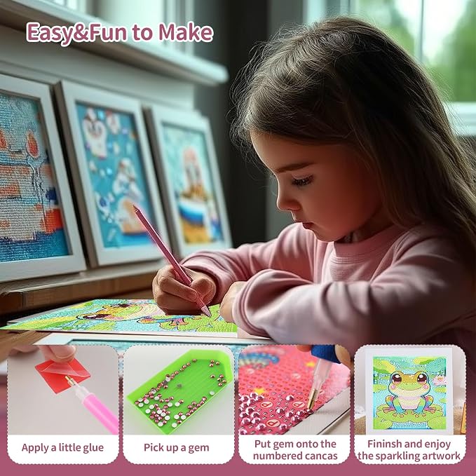 Gemozaic Frog Diamond Art Kits for Kids Ages 6-8-12 with Frame, 7 x 7 in | Animal Diamond Art Painting, Big Gem Arts and Crafts for Kids Ages 6-8-12, Amphibians Gems Painting for Gift, Home Wall Decor