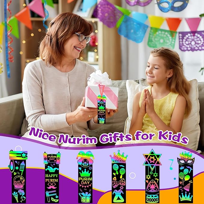 JUNEBRUSHS 30Pcs Purim Scratch Bookmarks for Students Classroom Activity | Six Purim Festival Patterns,Magical Rainbow Scratch Effect,Thick Durable Tear-Resistant Paper,Multi Festive DIY Ornaments