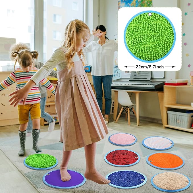 Boao 8 Set Mini Sensory Mats for Autism Kids Sensory Floor Tiles, Round | 8.7 Inch, Assorted Textured Play Mats, Educational Tactile Toys for Adhd Children Activity Occupational Therapy
