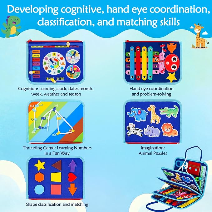 Montessori Busy Board for Toddlers – Sensory Busy Book with Buckles, Zippers, Letters, Animals, Toddler Activities – Fine Motor Skills Development Learning for Boys Girls Travel Activity