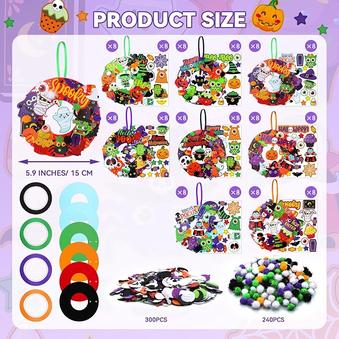 Hollowfly 48 Sets Halloween DIY Wreath Craft Kits Trick-or-Treat Party Activities