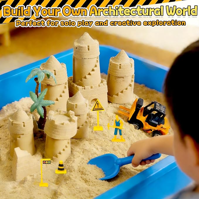 Sensory Bin, Construction Sensory Sandbox Kids Play Sand Art Kits | with 2.2lbs Magic Sand, Molds, Shovel, 6Pcs Diecast Construction Vehicles, Crane- Sand Box with Lid for Toddlers Boys Age 3-8