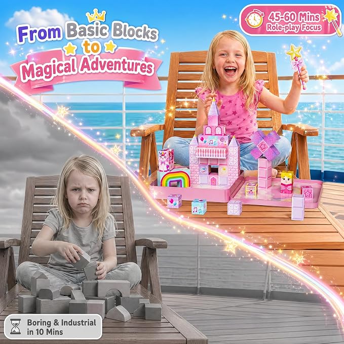Magnetic Blocks Girls Travel: 355g Unicorn Tin 3 Cones & 4 Wands | 60-Min Princess Role Play for Airplane Activities & Road Trip Essentials Car Games 45s Cleanup Portable Kids Toy for Ages 3-8