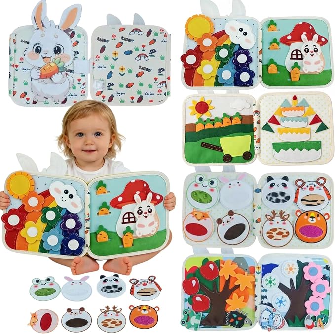 Montessori Forest Animals Busy Book, Airplane Travel Felt Quiet Busy Board for Toddler 1-3, Preschool Kids Learning Activities Sensory Toy to Develop Fine Motor Skills, Boys Girls Birthday Gift (#B)
