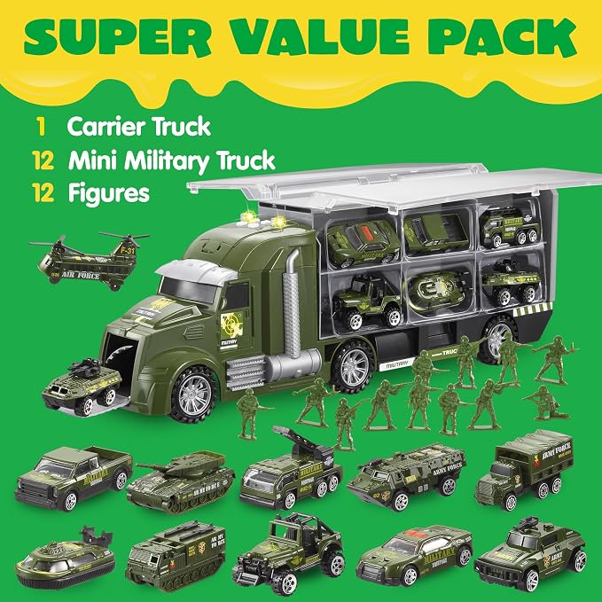 JOYIN 25 in 1 Military Kids Truck Toys for Age 3+, Kids Boy Toys, Army Men Tanks Set with Soldier Men, Mini Battle Cars in Carrier Truck with Lights and Sounds, Gifts for Grandkids