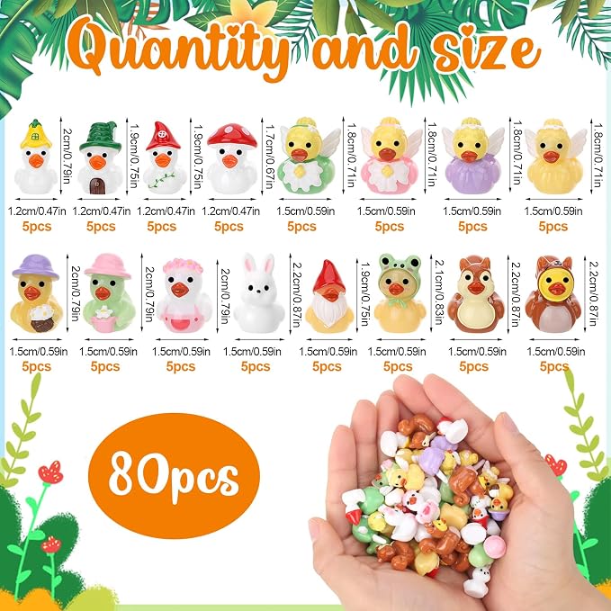 80 Pack Mini Resin Ducks Toy Figures, Spring Ducks Little Figures | Tiny Ducks to Hide Prank, Party Favor for Birthday, Spring Party Favor Decor (16 Styles)