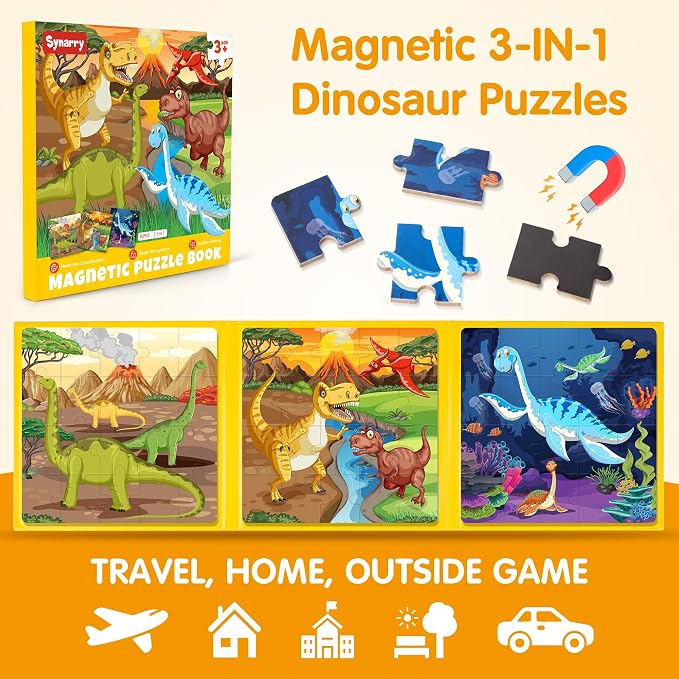 SYNARRY Magnetic Dinosaur Puzzle for Kids Ages 3-5, Travel Dinosaur Toys | 20-Piece Magnetic Travel Puzzle for Kids Ages 4-6, Car Airplane Road Trip Activities, Quiet Toys, Dinosaur Gifts for Kids
