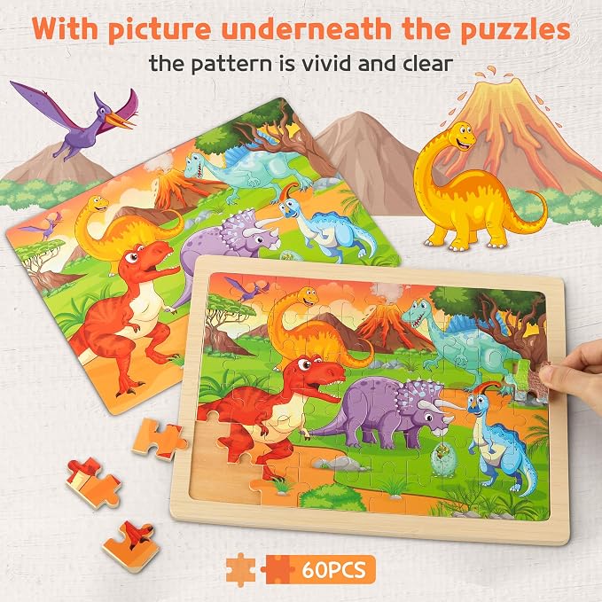 SYNARRY 6-Pack Large Wooden Jigsaw Puzzles for Kids Ages 4-6, 60-Piece | Puzzles for Kids Ages 4-8, Dinosaur, Farm, Safari Animals, Sea Life, Space & Vehicle Themes, Kids Toddlers Birthday Gifts