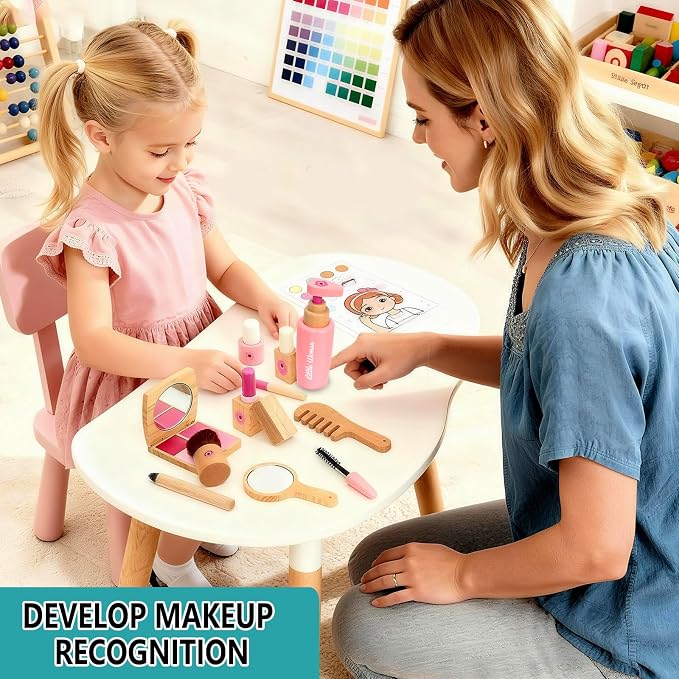 Wooden Pretend Play Makeup for Toddlers 1-3,100% Safe & Non Toxic | Natural Wood,Mess Free,Sparks Imagination,Montessori Toy Builds Fine Motor Skills,Birthday Gift For 1-3 Year Old Girls