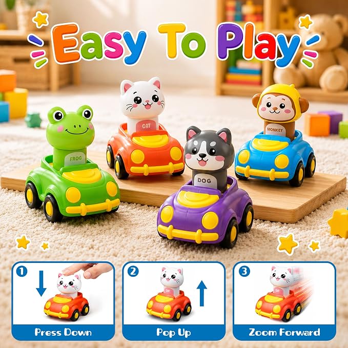 Press to Go Car Toys for Toddlers, Animal Cars for Babies 6-36 Months | 4 Pack Vehicle Set, First Birthday Gifts, Infant Sensory Toys, Baby Shower Gifts, Fun Gifts for Boys & Girls