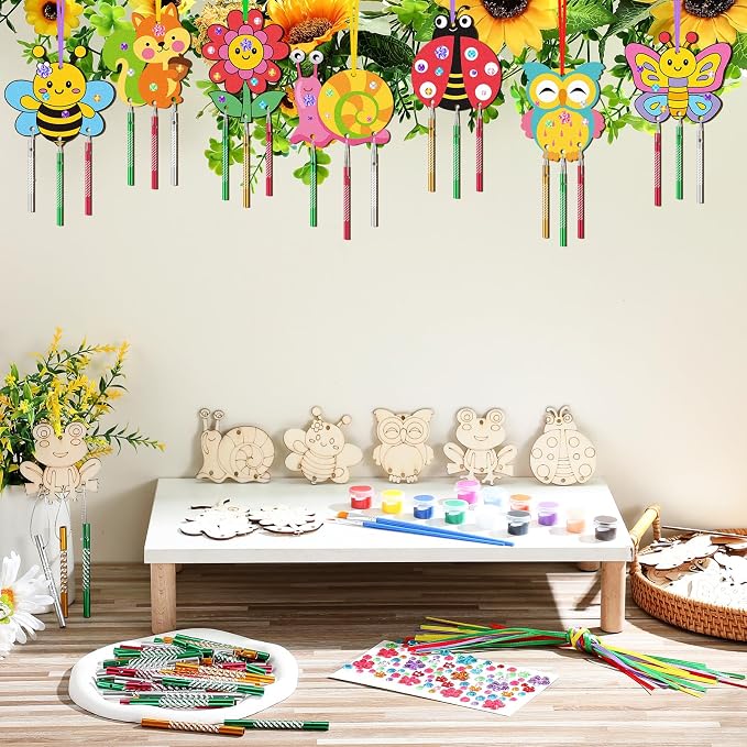 JellyArch 30 Pcs Wind Chime Craft Kit, DIY Wooden Insect with Paint | Paint Brushes Stickers, Kids Adults Summer Party, Ocean Beach Decor, Bulk Church Windows, Bee Ladybug Butterfly Designs