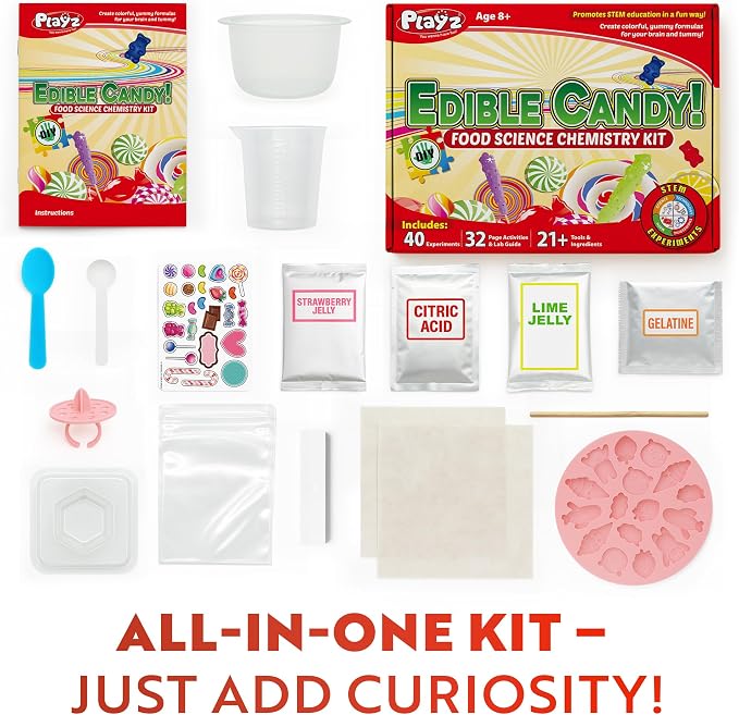 Playz Edible Candy Making Kit for Kids Age 8-12 Years Old with 40+ Fun | Science Experiments, DIY Chemistry kit for kids Rock, Gummy, Chocolate, hard candy maker, STEM Toys/gift for Girls and Boys