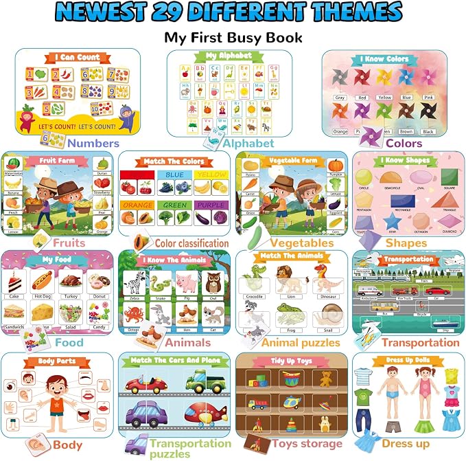 Toddler Activities Preschool Learning Busy Book - 29 Themes Binder Montessori Toys for Toddlers, Workbook Activity Autism Materials and Tracing Coloring