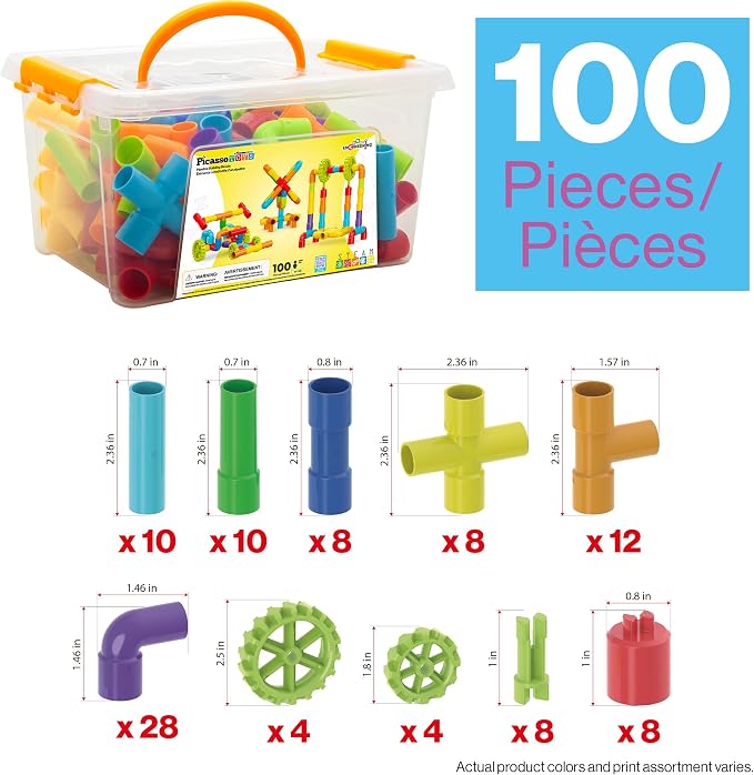 PicassoTiles 100PCS STEM Pipe Building Playset Interlocking Tube Construction Toy with Wheels and Clear Storage Box Educational Learning Toys for Preschool Montessori Kids Age 3+ Boys and Girls PTT139