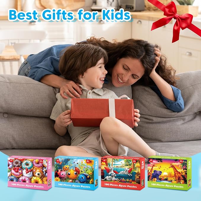 4 Packs 100 Piece Puzzles for Kids Ages 4-6 6-8 8-10, Cute Donuts & Insects & Dalmatians & Animals Educational Jigsaw Puzzles, Birthday Xmas Gifts for Boys Girls Teens Adults Kids Puzzles 4-6 5-8