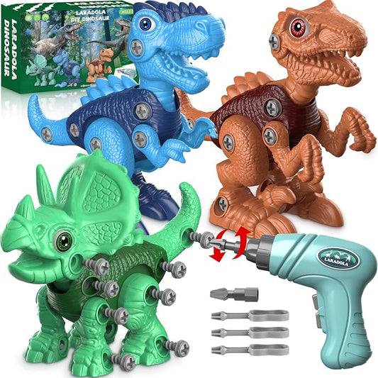 Take-Apart Dinosaur Toys for Boy 4-6: 85 Piece 3 Pack Dino & Electric Drill | Easy-to-Use Construction Building Set for Little Hands - STEM Educational Toy & Gifts for Kids Birthday Christmas