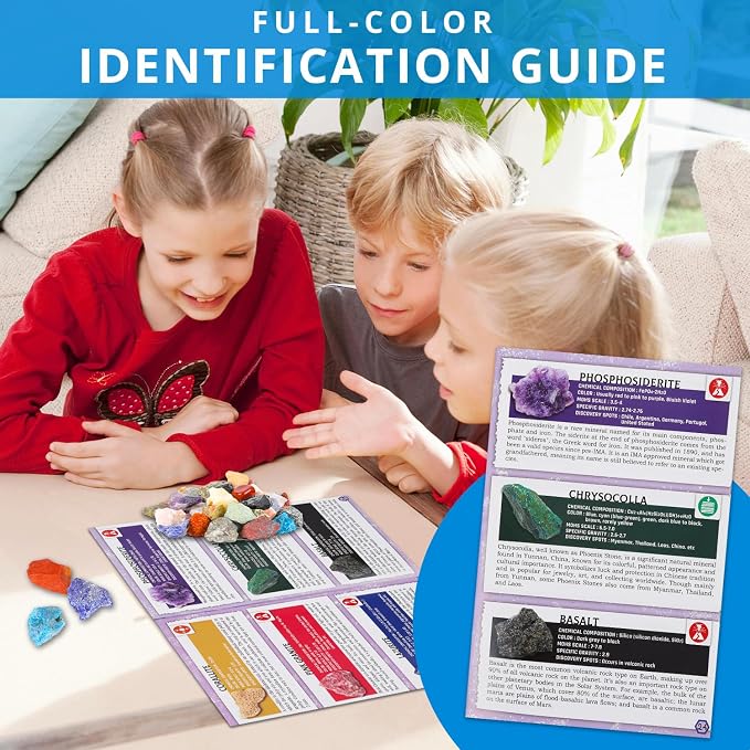 PIBEX Rock Collection Starter Kit, 54 Rocks & Minerals with Name Labels | 9 Polished Gems, 45 Crystals & Stones, Rock ID Cards, Learning Book, Collector Storage Box, Geology Gift for Kids Ages 8+