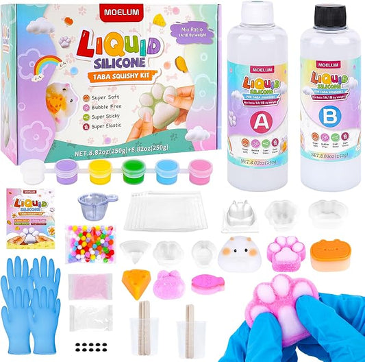 Taba Squishy Making Kit, DIY Taba Squishy Kit, 18oz Liquid Silicone | with 6 Silicone Molds, Bubble-Free Liquid Silicone, Fast 2-3H Cure with Easy Guide, Ultimate Craft Gift for Beginners