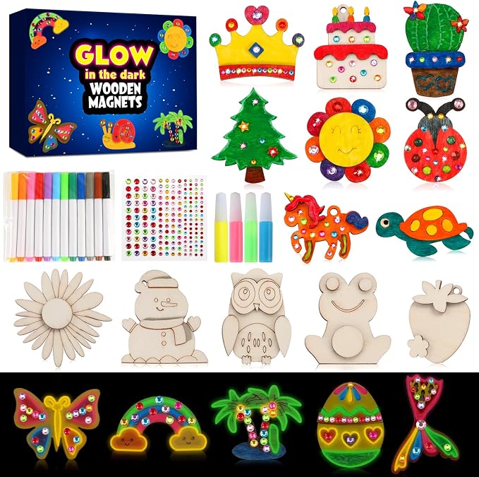 GWAHSA 30pcs DIY Wooden Magnets Glow in The Dark Wooden Art Craft Supplies | Painting Kit for Kids Activities Party Favors for Boys Girls Ages 4-8 8-12 Birthday Gifts Toys Pinata Goodie Bags Stuffers