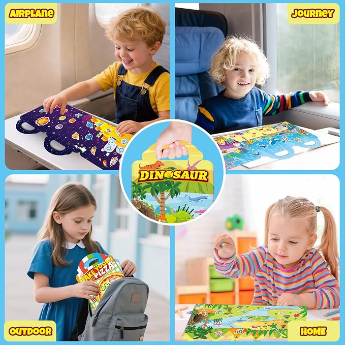 Sticker Books for Toddlers 2-4 Years, Travel Sticker Book with Washable Jelly Stickers, Foldable Carry Handle Quiet Toy, 5 Theme Scenes for Kids 3-5, Dinosaur+Space+Ocean+Fairy Tale+Pizza