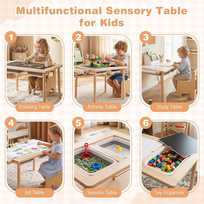 HONEY JOY Sensory Table and Chair Set, Wooden Sand & Water Activity Set w/Adjustable Height, Dual Sided Top, 2 Bins, Paper Roll & 2 Hooks for Art, Study, Craft, Gift for Boys Girls 3+