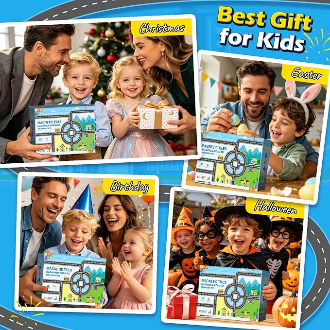 Magnetic Tiles Road Set, Roads Expansion Pack, Magnetic Blocks Building Toys for Toddler, Creative Montessori Toys for 3+ Year Old Boys & Girls, Ideal Gifts for Kids Ages 3-5 5-7