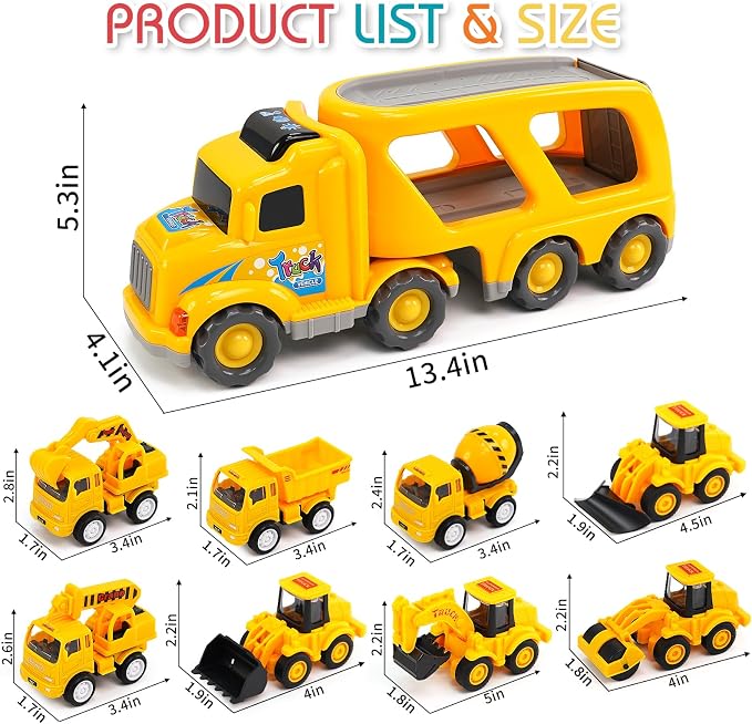 Veslier 9 in 1 Construction Truck Toys with Sounds and Lights in Carrier Truck, Push and Go Vehicles, Birthday Gift for Toddler Boys and Girls Ages 3 4 5 6 Years Old