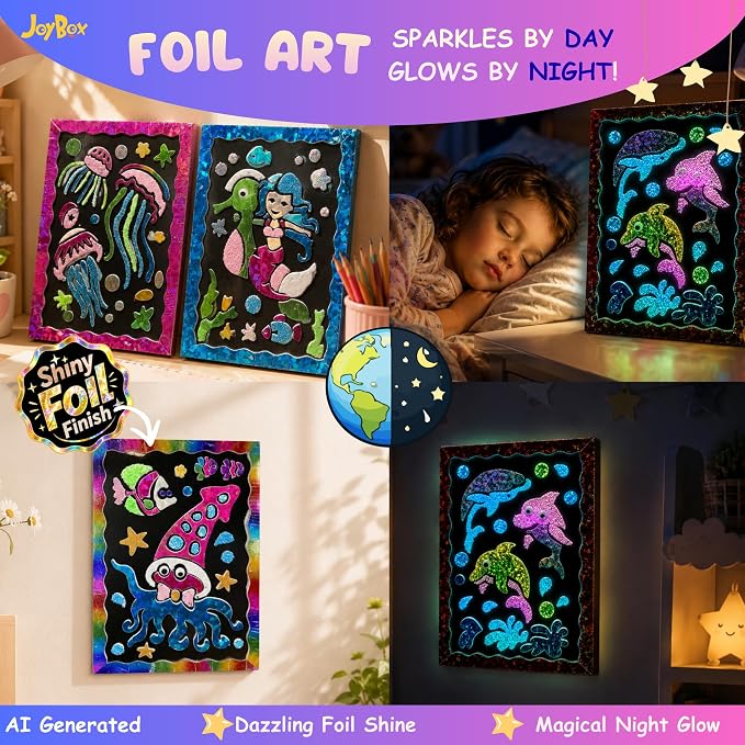 JoyBox Foil Fun–DIYKids Paper Foil Art Craft Kit for&Travel Screen-Free Fun | Birthday Party Gifts for Ages 4-9 and Up,Art Travel Toys for Boys Girls mermaid themes! includes glow‑in‑the‑dark sequins