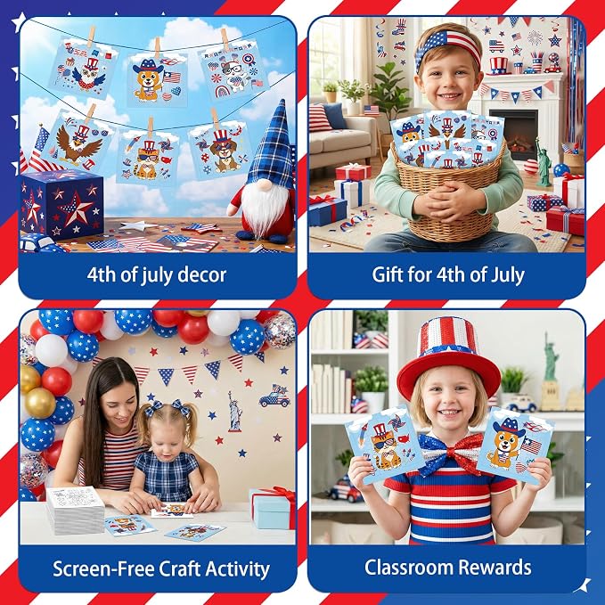 Fennoral 24 Pack DIY Coloring 4th of July Jigsaw Puzzle Craft Kit for Kids | Cute Animal Design, with Display Base, 4.7‑inch, DIY Coloring Art, Classroom Activity, Party Favor Supplies
