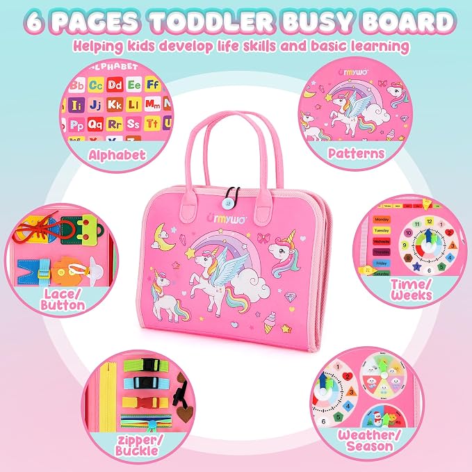 URMYWO Toddler Busy Board - Busy Book Montessori Toys Ages 3 and up | Preschool Learning Activities with Alphabet Number Animal, Educational Travel Toys Birthday Gifts for Kids