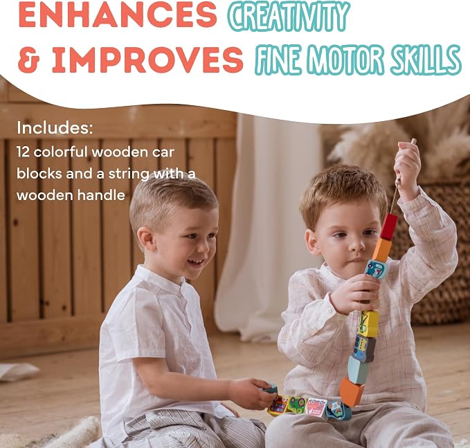 Wooden Flyring Cars Lacing Toy – Montessori Lacing Toy for Kids Ages 3+ – Wooden Lacing Cards with Threading String – Fine Motor Toy – FSC-Certified Wood, Travel Toy for Toddlers