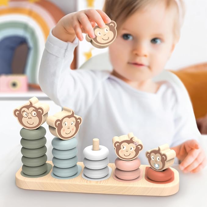 Kids Family Stacker, 5 Stackable Monkeys: Parent, Child, Sibling, Non-Toxic Paint, Develops Dexterity & Creativity, Educational Toy for Early Learning | 5 stackable monkeys, sorting & stacking toys, montessori toys, preschool toys, creative fine motor ...