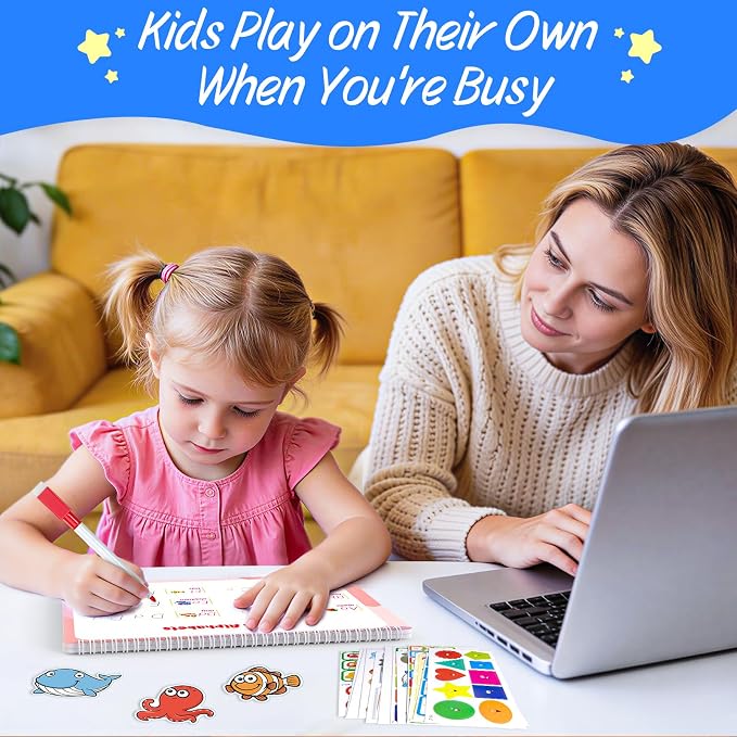 Busy Book for Toddlers 3-5, Preschool Learning Activities, 30 Themes | Reusable Activity Workbook with 8 Markers for Tracing, Matching and Coloring, Montessori Travel Toy for Home and Road Trips
