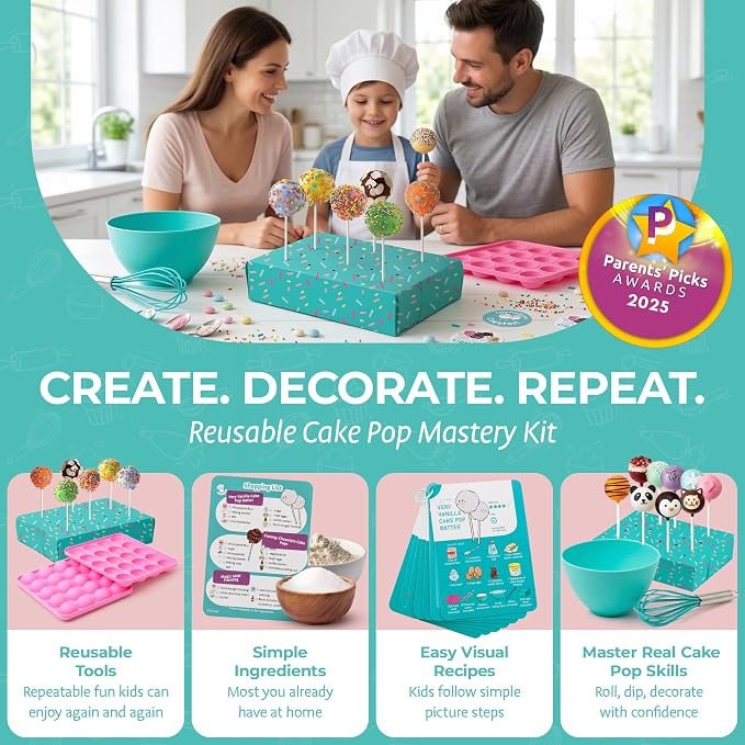 Kids Cake Pop Maker Kit | Real Reusable Baking Tools | Ages 6-12 | Cake Pop Making Set | Visual Recipe Cards | STEM DIY Baking Activity | Screen Free Fun | Birthday Christmas Gift