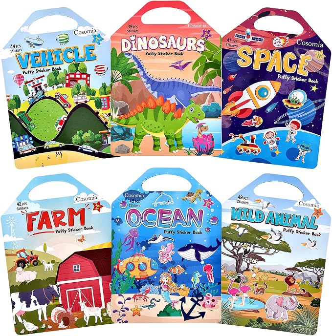 6 Set (260pcs) Puffy Sticker Books Activity for Kids | Animal, Farm, Dinosaurs, Space, Travel Toys Essentials Reusable Stickers for Boys and Girls Ages 3+