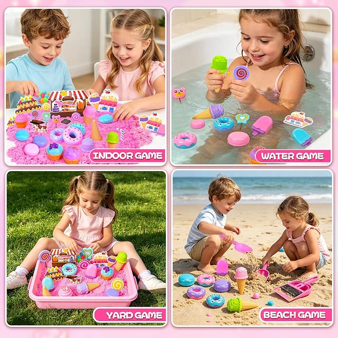 Ice Cream Sensory Bins, Play Sand Kit Sandbox Sand Toys for Kids Ages 3 4-8 | Sand Toys Set with Magic Sand, Ice Cream Toys Molds and Cleaning Tools Sandbox with Lid Sand Art Kits for Kids Birthday Gift
