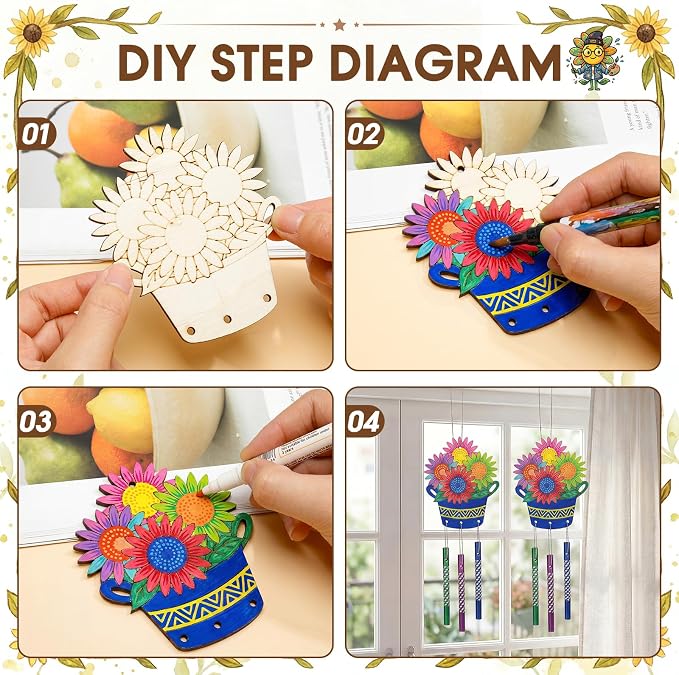 Leinuosen 30 Pcs Wind Chime Kit Make Your Own Sunflower Windchimes for Kids | DIY Windchimes Crafts Decorative Coloring Wooden Crafts for Spring Summer Party Art Activities Garden Home Patio Decorations