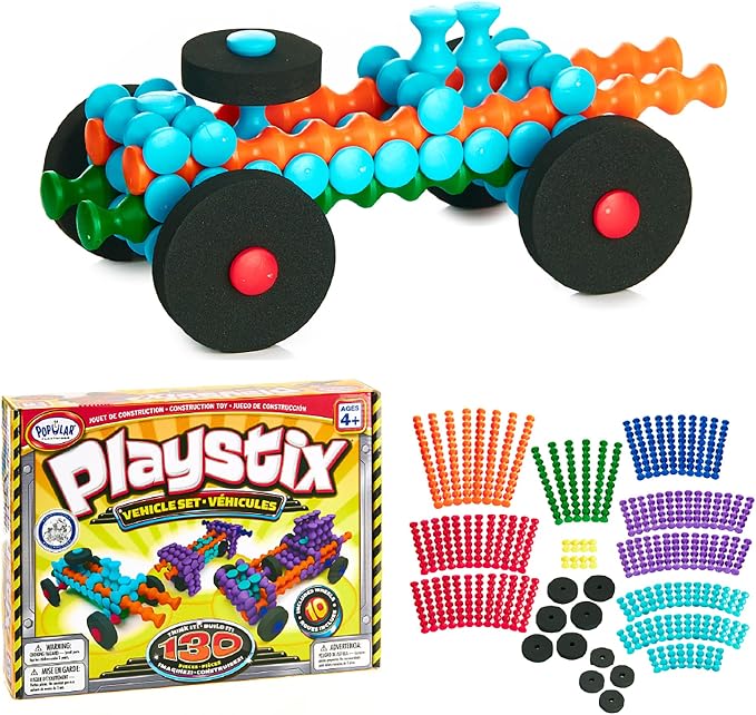 POPULAR PLAYTHINGS Playstix Vehicle Set, 130 Piece, Building Sticks Kit | for Kids Ages 4 and Up, Construction Stem Building Toy Gift, for Boys & Girls, for Kids