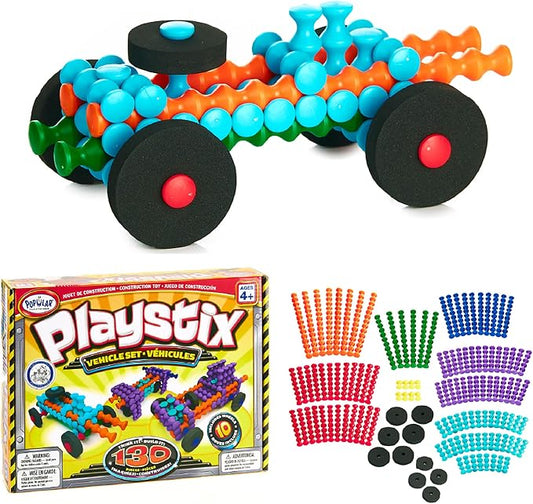 POPULAR PLAYTHINGS Playstix Vehicle Set, 130 Piece, Building Sticks Kit | for Kids Ages 4 and Up, Construction Stem Building Toy Gift, for Boys & Girls, for Kids