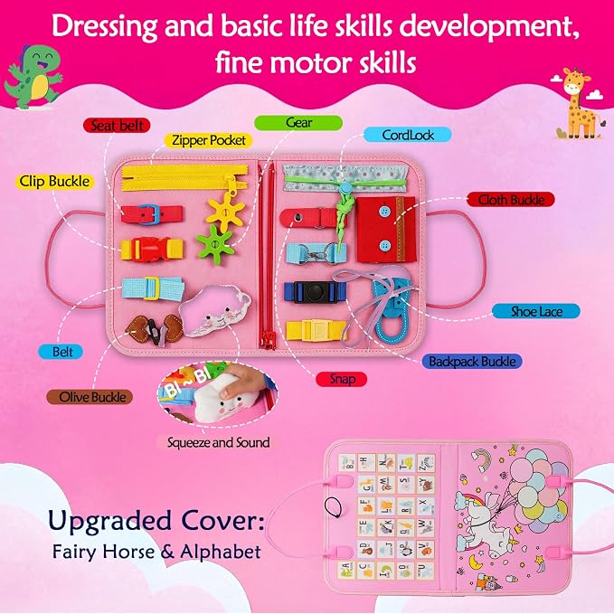 Montessori Busy Board for Toddlers – Sensory Busy Book with Buckles, Zippers, Letters, Animals, Toddler Activities – Fine Motor Skills Development Learning for Boys Girls Travel Activity