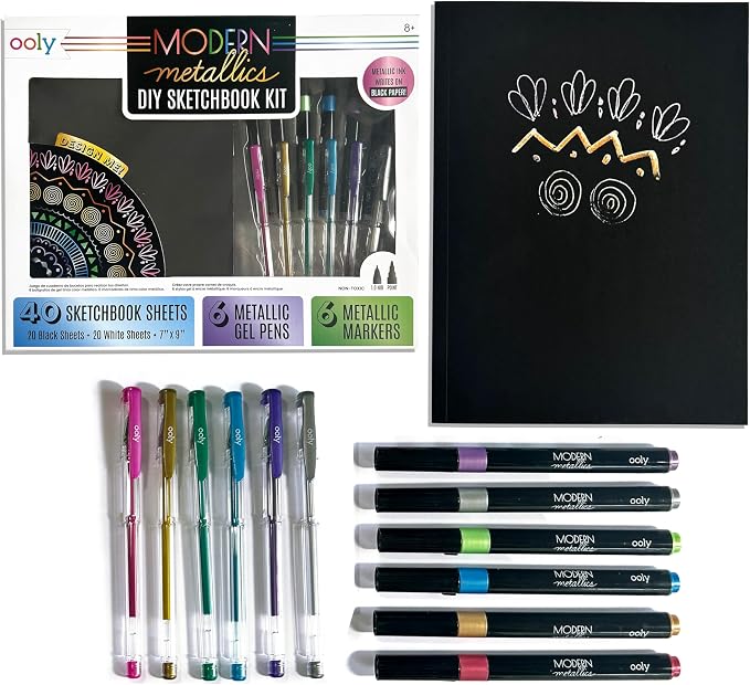 Ooly Metallic Sketchbook Coloring Art Kit, 7" x 9", 13 Piece | Ages 8+, 6 Metallic Markers, 6 Metallic Gel Pens, 40 Sheets of Black and White Paper, 20 Each, Fun Drawing Kit, Gift for Kids