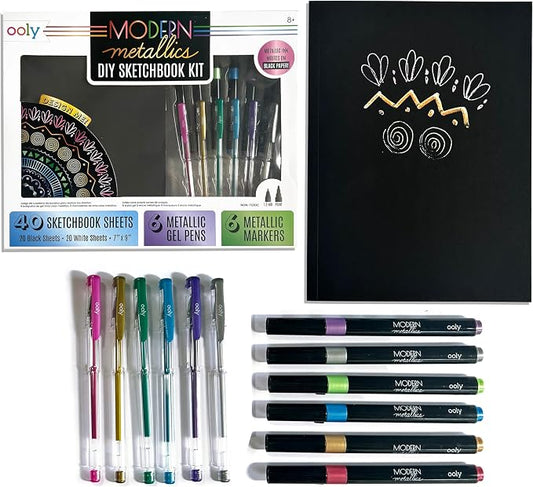 Ooly Metallic Sketchbook Coloring Art Kit, 7" x 9", 13 Piece | Ages 8+, 6 Metallic Markers, 6 Metallic Gel Pens, 40 Sheets of Black and White Paper, 20 Each, Fun Drawing Kit, Gift for Kids