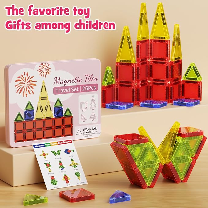 Mini Magnetic Tiles Travel Set Iron Box Storage Baseplate | Portable Magnetic Building Blocks STEM Toy for Kids 3+