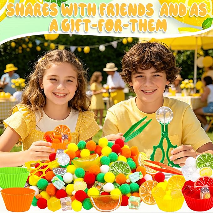 255PCS Lemon Sensory Bin Filler Summer Lemon Fine Motor Sensory Bin Items Includes Pom Poms Lemon Slices Fake Cubes Counts Resin for Spring Summer Counting Sorting Training