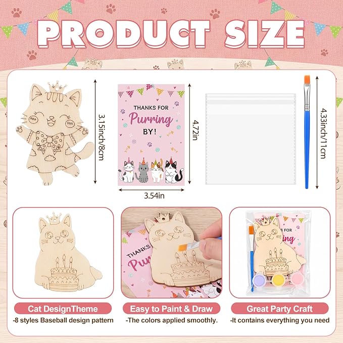 Saypacck 24 Pcs Cat Party Favors Wooden Paint Craft Kits | Cute Cat Designs, Includes Paints Brush Bag, For Girls Cowgirl Theme Goodie Bag Fillers, DIY Thank You Gifts
