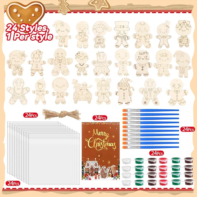 Saypacck 24 Pcs Gingerbread Man Party Favors Wooden Paint Craft Kits | Christmas Gingerbread Man Ornamnet For KidsParties, Brush and Paints Included, Goodie Bag Fillers Gifts