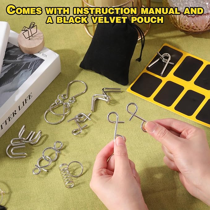 8 Pack Brain Teaser Puzzles Metal Wire Ring with Pouch,A Style | Iq Test Disentanglement Unlock Challenge, Portable Storage Pouch, Mind-bending Interlock Game for Party Favor Entertainment