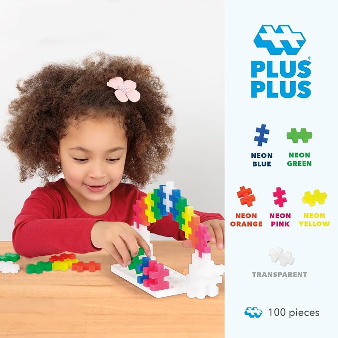 PLUS PLUS Big 100 Piece, Neon Color Mix - Large Blocks for Toddlers | Quiet Stem Toys for Toddlers, Prek Classroom Essentials, Waffle Blocks Jumbo, Stem Bins for Classroom, Sensory Bins